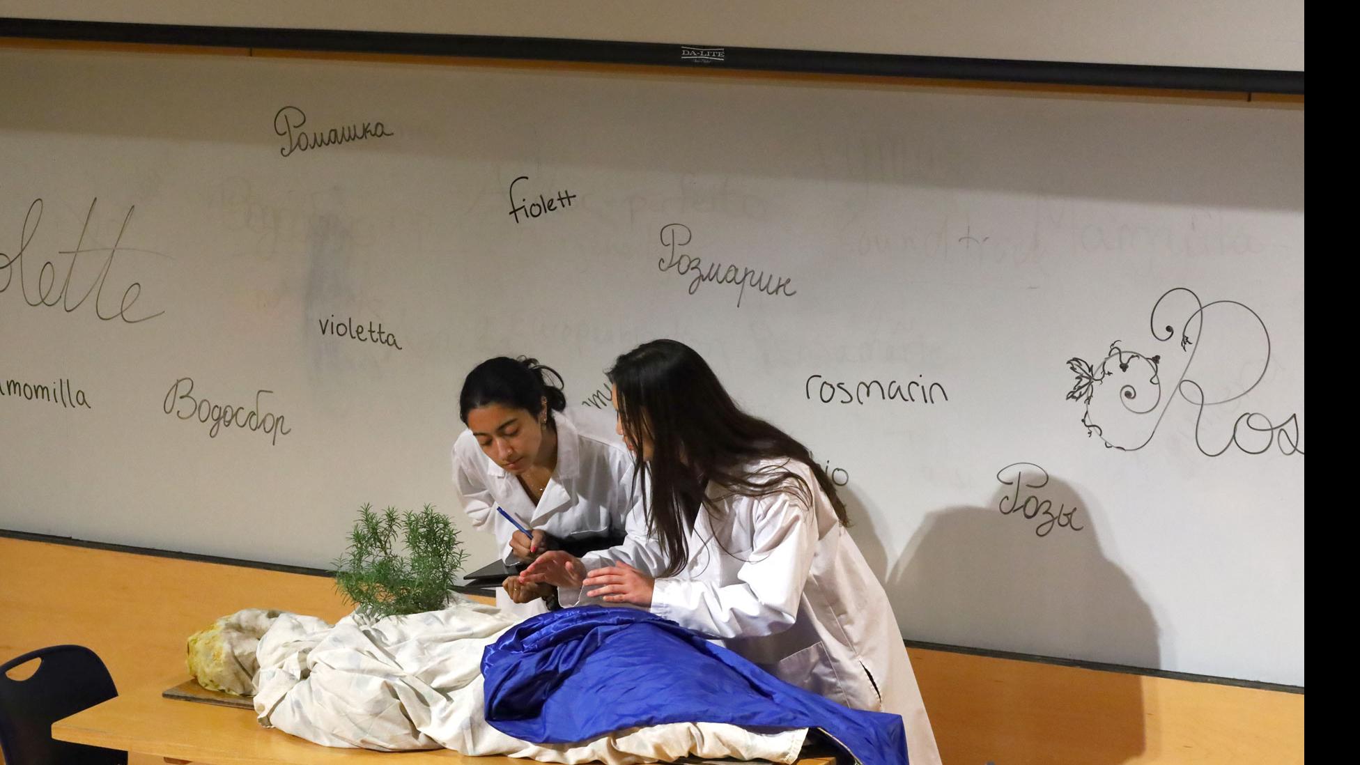 Two students in white coats on stage lean forward and look at a table with blue and white fabric and a potted plant, against a white board with words for spices written in different languages, in the Film Forum.