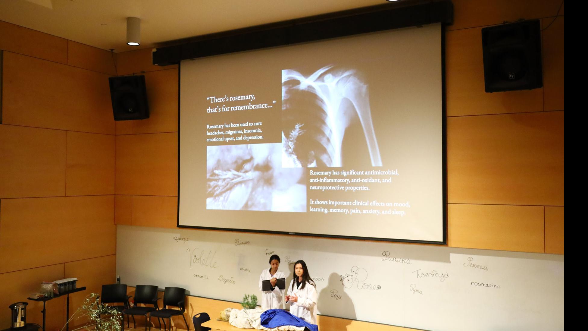 Two students in white coats on stage look out in front of a table with blue and white fabric, and a potted plant, against a white board with words for spices written in different languages, and a big screen showing x-rays of rosemary and a human skeleton, in the Film Forum.