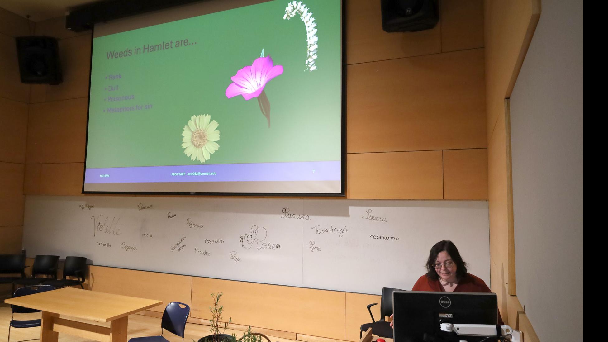 A student on stage at a podium with a computer monitor speaks, against a white board with words for spices written in different languages, and a big screen showing illustrations of “Weeds in Hamlet,” in the Film Forum.