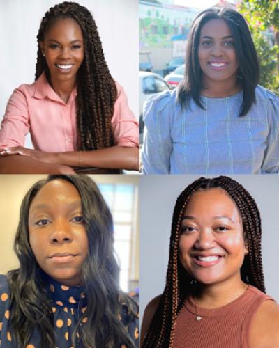 Headshots clockwise from top left: Erin Jones-Wesley, Simone Harris, Alexandria Whitner, and Chigo Menakaya