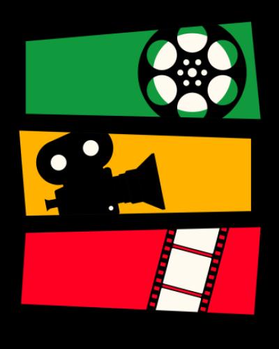 Three stacked images against a black background: a film reel on a green background, a film camera on a yellow background, and frames of film on a red background.