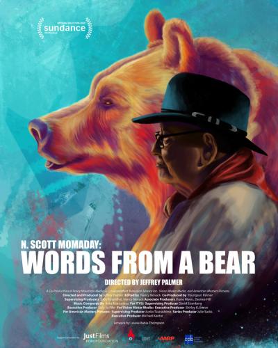 A painting of N. Scott Momaday in profile, with a bear behind him in a paralleled profile, against a turquoise painted background  Film poster for N. Scott Momaday: Words from a Bear. Directed by Jeffrey Palmer. Artwork by Louise Bahia Thompson.