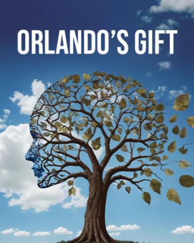 Orlando's Gift: A deciduous tree with some leaves attached and some floating away, with a person’s face in profile imprinted in the branches, against a blue sky and white clouds.