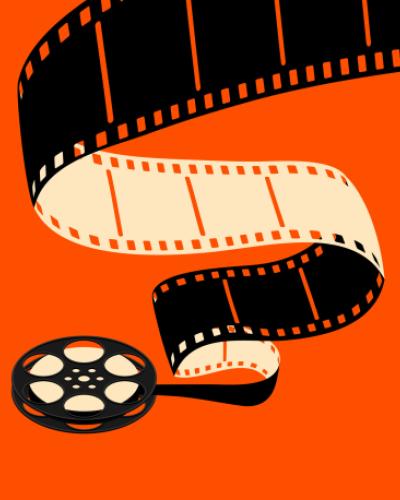 An unspooling film reel against an orange background