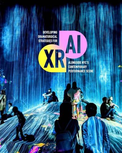 Developing Dramaturgical Strategies for AI and XR alongside NYC’s Contemporary Performance Scene.  A dozen people scattered across a hill-shaped stage, sitting, standing, alone, and in groups, with a projected background of streaks of light blue and navy light and flower patterns.