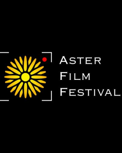 A yellow flower design inside a camera viewfinder outline against a black background. Aster Film Festival